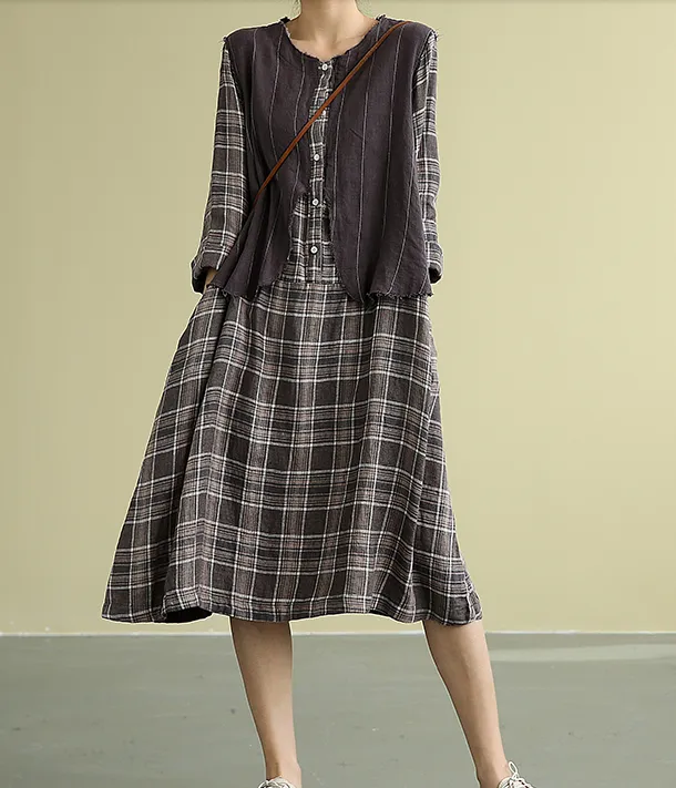 Plaid Summer  Spring 100%  Linen  Women loose Dresses DZA05195