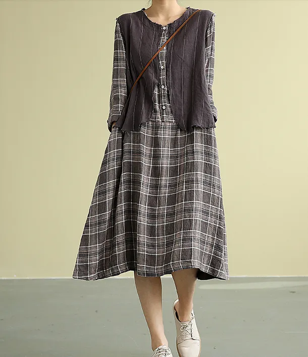 Plaid Summer  Spring 100%  Linen  Women loose Dresses DZA05195