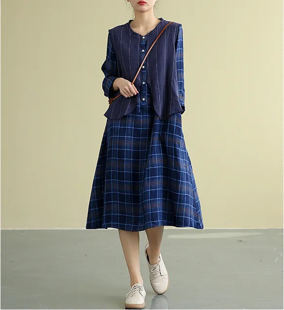 Plaid Summer  Spring 100%  Linen  Women loose Dresses DZA05195