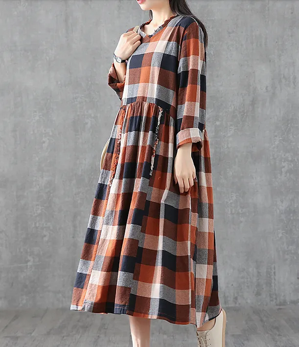 Plaid Summer Spring Dresses Cotton Linen Women loose Style V Neck   DZA05244