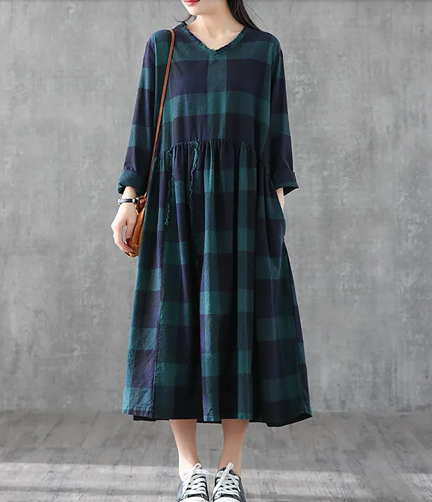 Plaid Summer Spring Dresses Cotton Linen Women loose Style V Neck   DZA05244