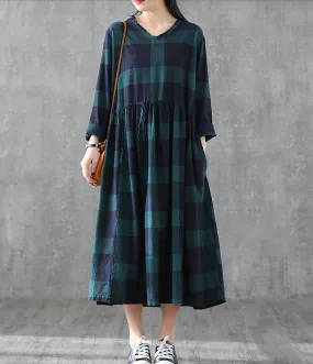 Plaid Summer Spring Dresses Cotton Linen Women loose Style V Neck   DZA05244