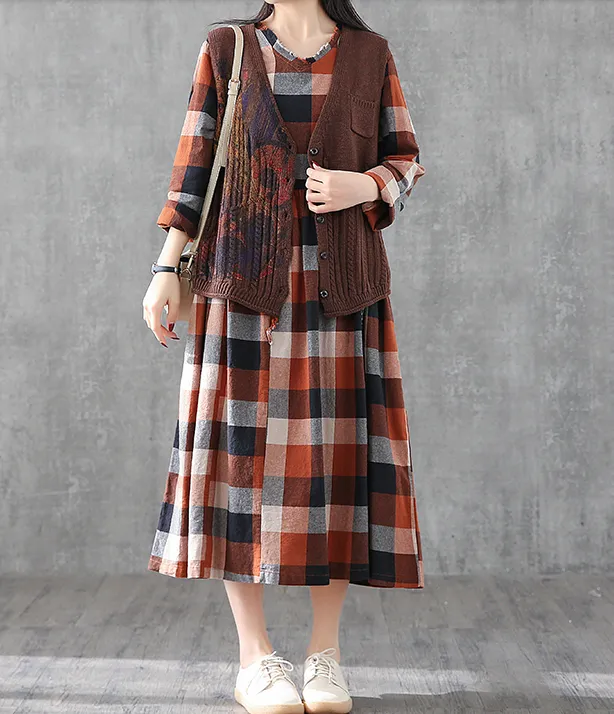 Plaid Summer Spring Dresses Cotton Linen Women loose Style V Neck   DZA05244