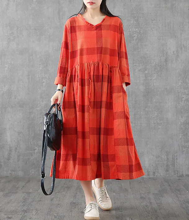 Plaid Summer Spring Dresses Cotton Linen Women loose Style V Neck   DZA05244