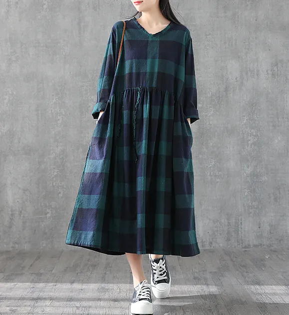 Plaid Summer Spring Dresses Cotton Linen Women loose Style V Neck   DZA05244