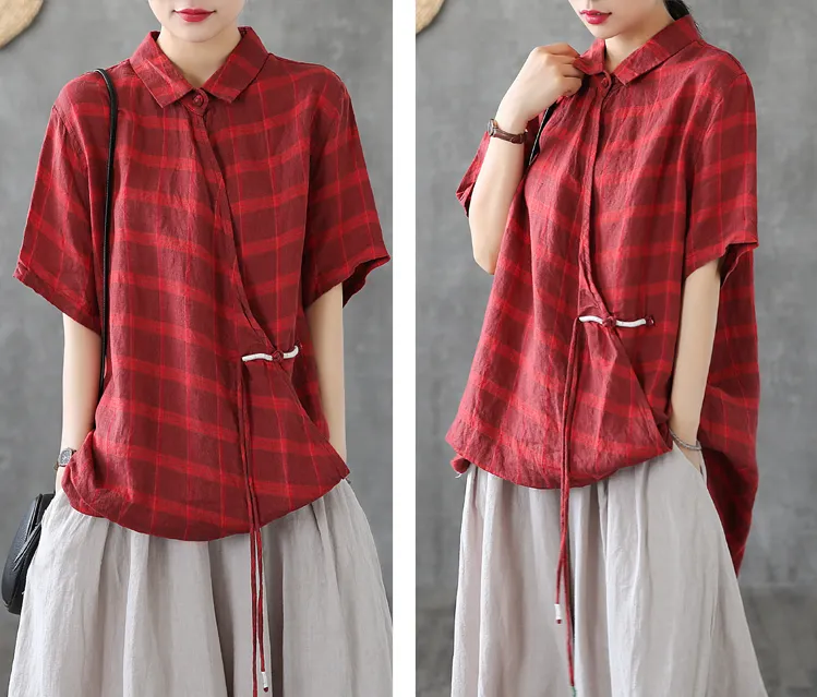 Plaid Summer Women Casual Blouse Linen Shirts Tops DZA2007201