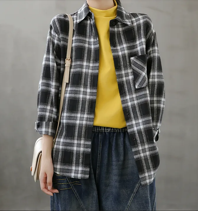 Plaid Women Casual Blouse Cotton Linen Shirts Tops DZA2008231