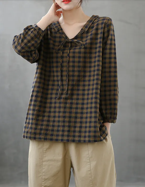 Plaid Women Casual Blouse Cotton Linen Shirts Tops DZA200851