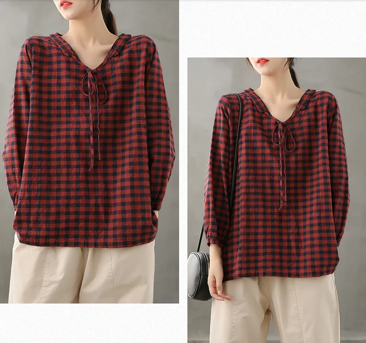 Plaid Women Casual Blouse Cotton Linen Shirts Tops DZA200851