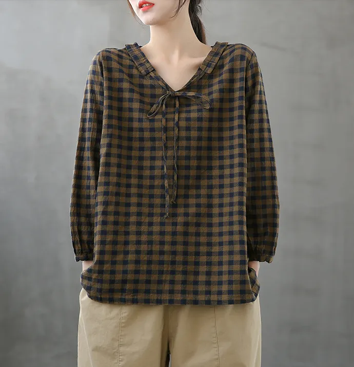 Plaid Women Casual Blouse Cotton Linen Shirts Tops DZA200851