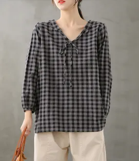 Plaid Women Casual Blouse Cotton Linen Shirts Tops DZA200851