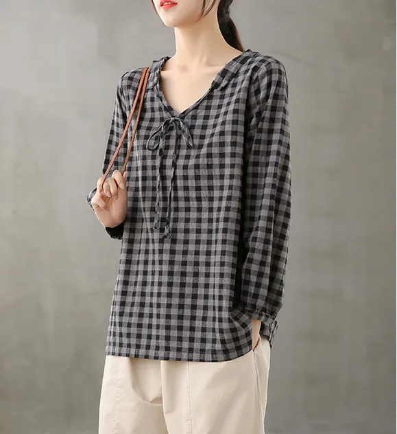 Plaid Women Casual Blouse Cotton Linen Shirts Tops DZA200851