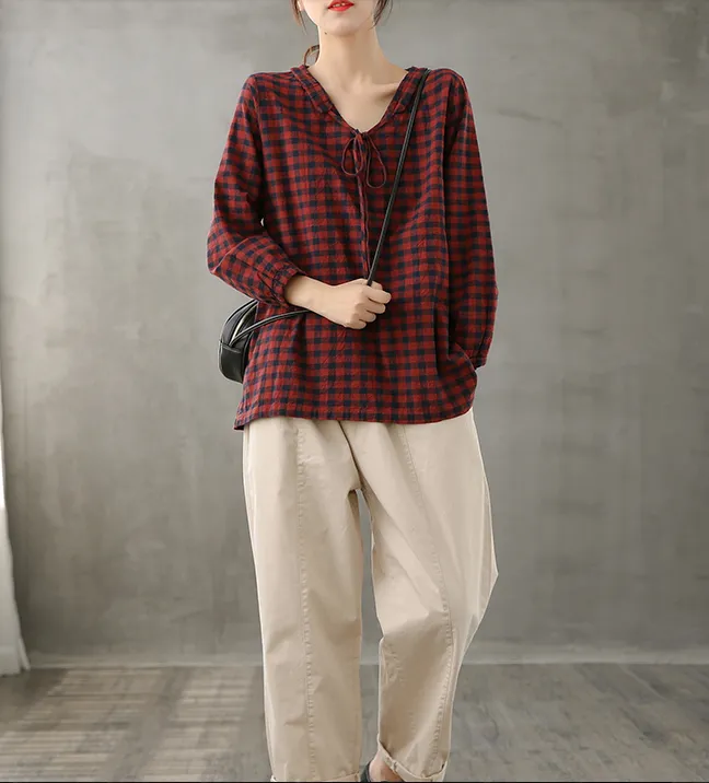 Plaid Women Casual Blouse Cotton Linen Shirts Tops DZA200851