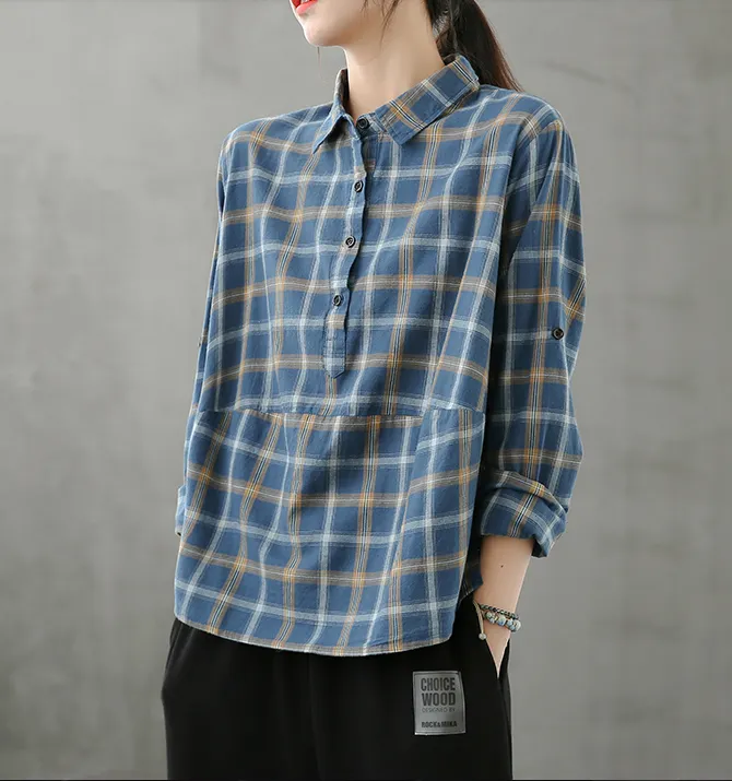 Plaid Women Casual Blouse Cotton Linen Shirts Tops DZA200862