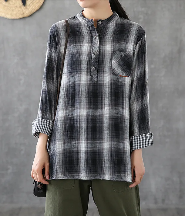 Plaid Women Casual Blouse Cotton Linen Shirts Tops DZA200864