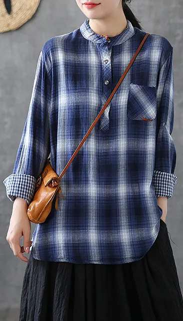 Plaid Women Casual Blouse Cotton Linen Shirts Tops DZA200864