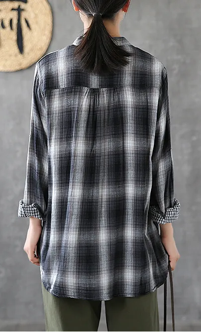 Plaid Women Casual Blouse Cotton Linen Shirts Tops DZA200864