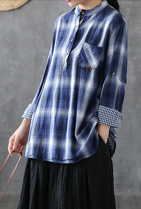 Plaid Women Casual Blouse Cotton Linen Shirts Tops DZA200864