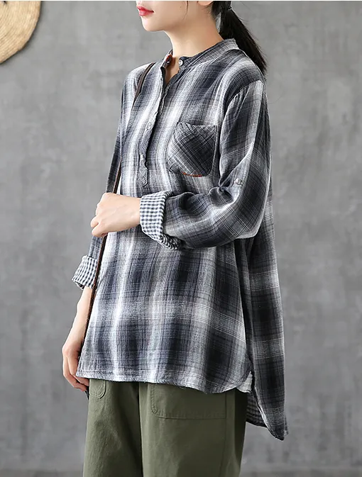 Plaid Women Casual Blouse Cotton Linen Shirts Tops DZA200864