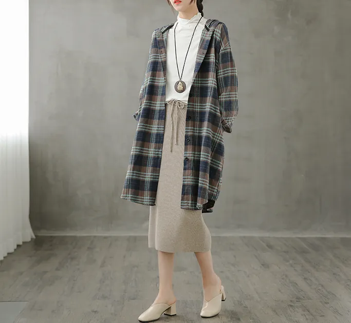 Plaid Women Casual Blouse Cotton Linen Shirts Tops DZA200961