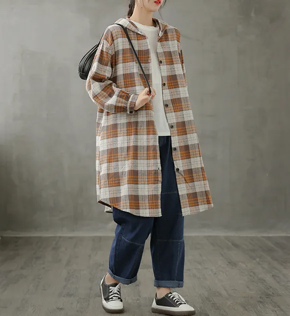 Plaid Women Casual Blouse Cotton Linen Shirts Tops DZA200961