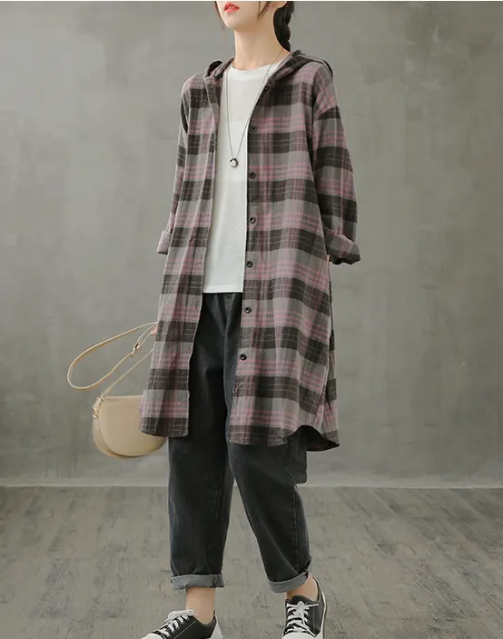 Plaid Women Casual Blouse Cotton Linen Shirts Tops DZA200961