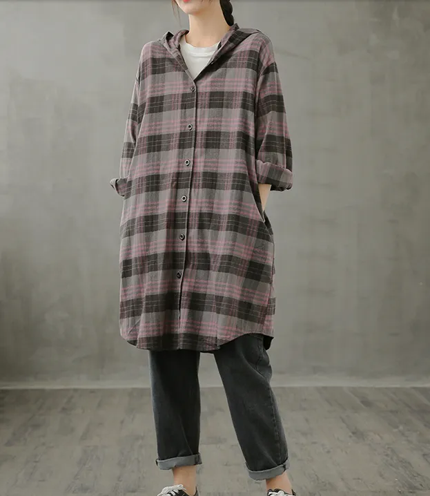 Plaid Women Casual Blouse Cotton Linen Shirts Tops DZA200961