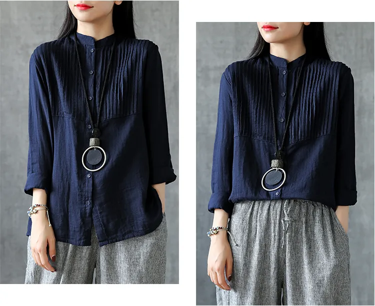 Pleated Chest Summer Women Casual Blouse Cotton Linen Shirts  Women Tops DZA2005248