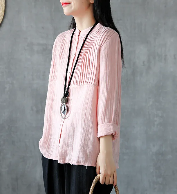 Pleated Chest Summer Women Casual Blouse Cotton Linen Shirts  Women Tops DZA2005248