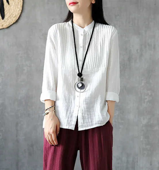 Pleated Chest Summer Women Casual Blouse Cotton Linen Shirts  Women Tops DZA2005248