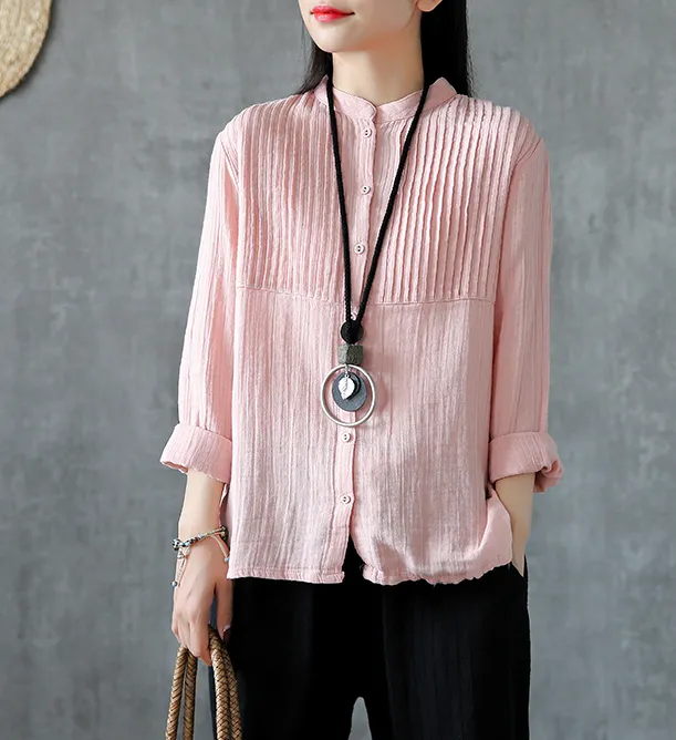 Pleated Chest Summer Women Casual Blouse Cotton Linen Shirts  Women Tops DZA2005248