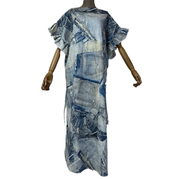 Pre Order:  Denim Patchwork Print Kaftan Dress - WINI