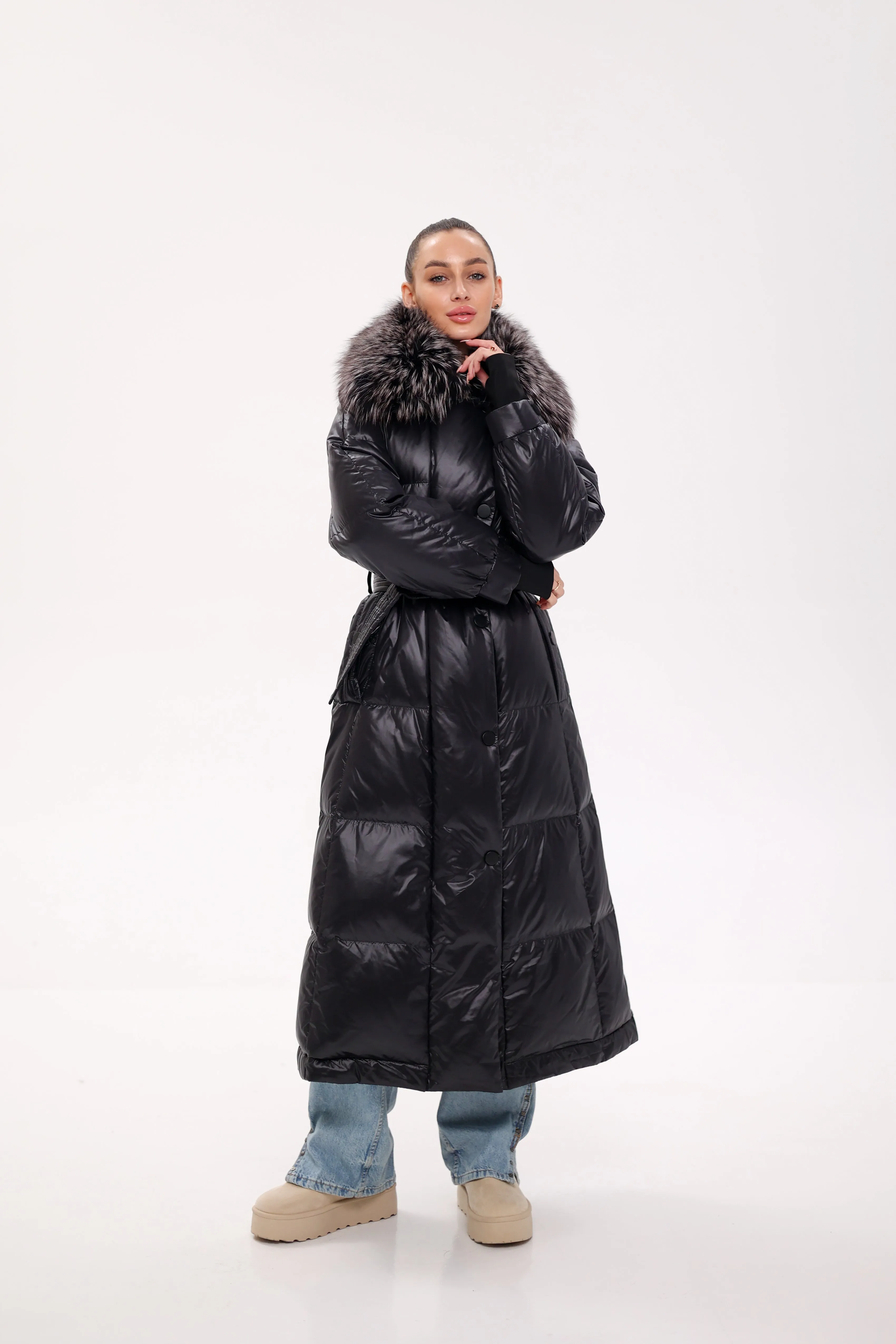 Pre-order. Ships November 20. Genuine Silver Fox Fur Trim Down Fill Coat