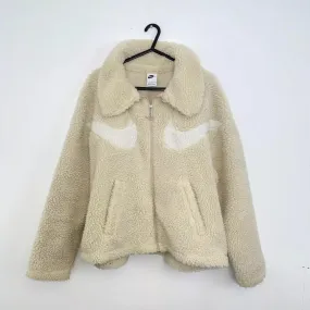 Preowned Nike Womens Heavy Sherpa Jacket Fleece Teddy Size M Loose Cream Double Swoosh