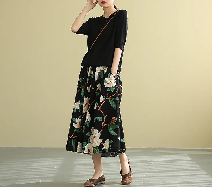 Print Casual Cotton Linen loose fitting Women's Skirts DZA2007131