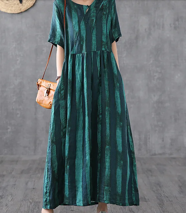 Print Short Sleeve Summer Spring Linen Women loose Dresses DZA20653