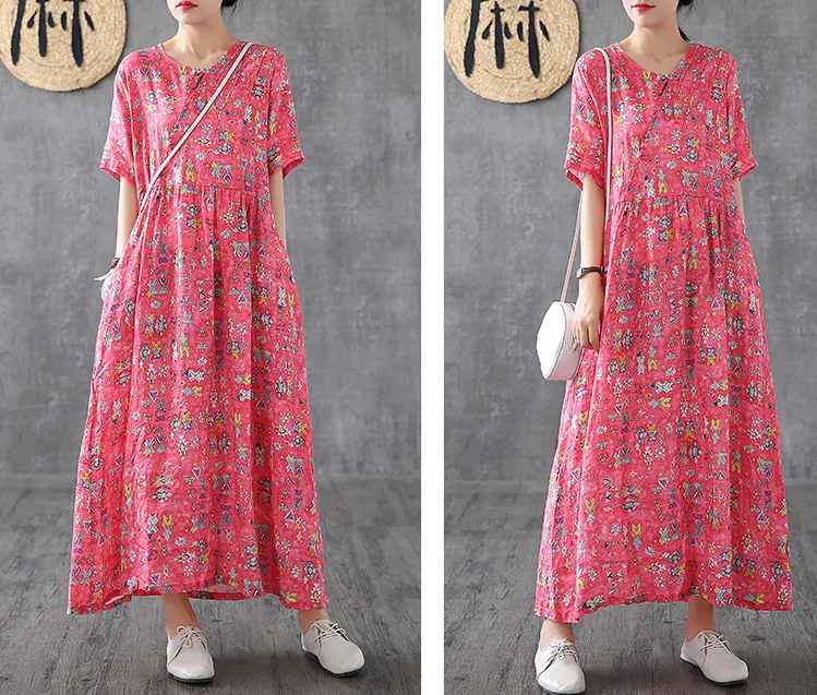 Print Short Sleeve Summer Spring Linen Women loose Dresses DZA20653