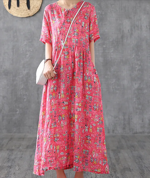 Print Short Sleeve Summer Spring Linen Women loose Dresses DZA20653