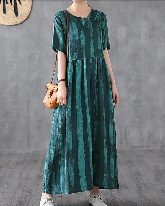 Print Short Sleeve Summer Spring Linen Women loose Dresses DZA20653