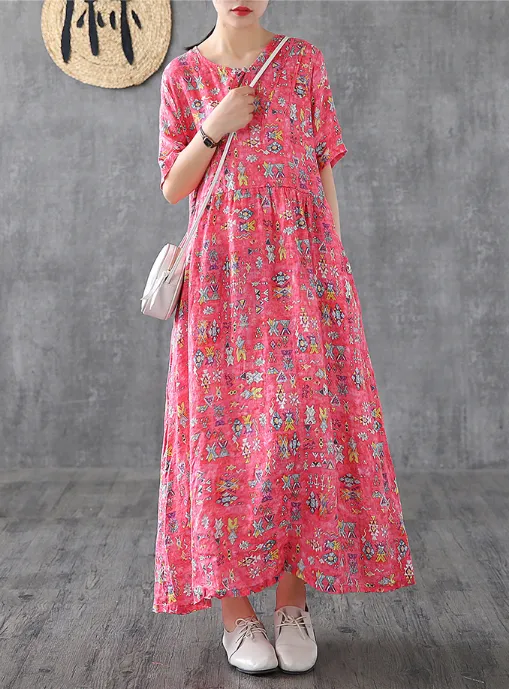 Print Short Sleeve Summer Spring Linen Women loose Dresses DZA20653