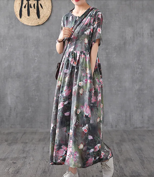 Print Short Sleeve Summer Spring Linen Women loose Dresses DZA20653