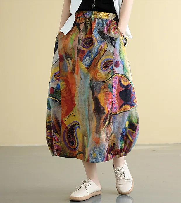 Printed Casual Cotton Linen loose fitting Women's Skirts DZA2007222