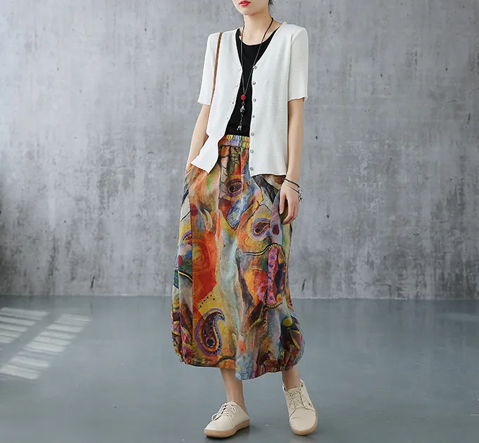 Printed Casual Cotton Linen loose fitting Women's Skirts DZA2007222