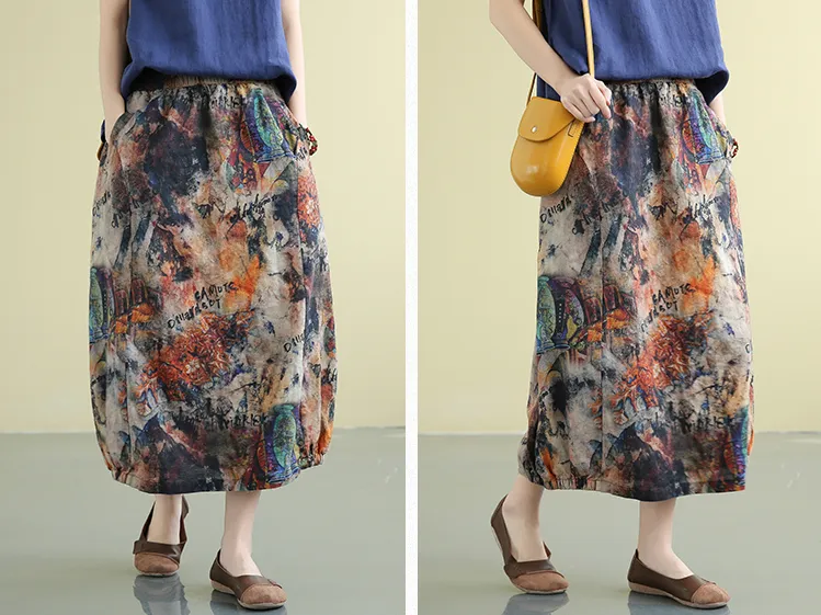 Printed Casual Cotton Linen loose fitting Women's Skirts DZA2007222