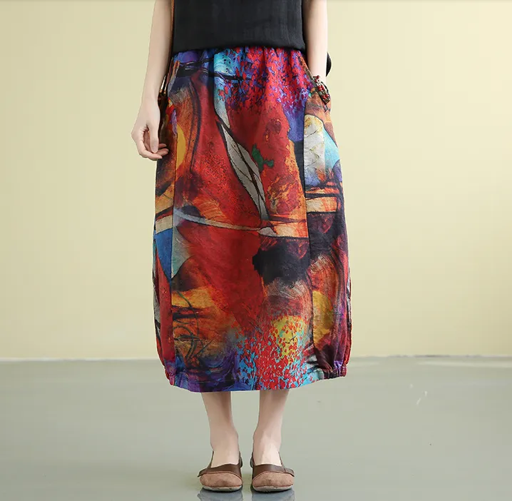 Printed Casual Cotton Linen loose fitting Women's Skirts DZA2007222