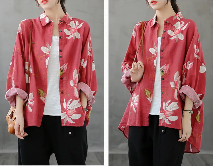 Printed Women Casual Blouse Linen Shirts Tops DZA2008232