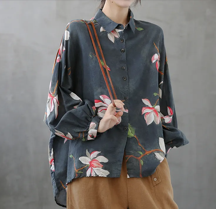 Printed Women Casual Blouse Linen Shirts Tops DZA2008232