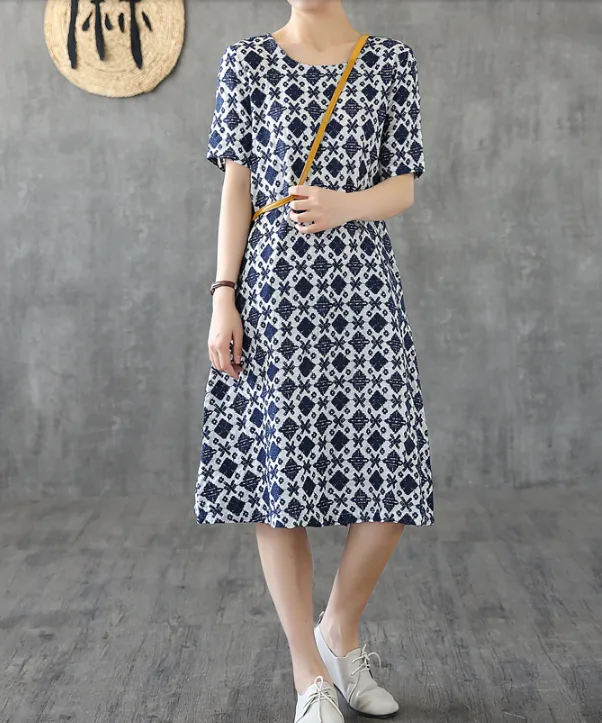 Red Floral Short Sleeve Summer Spring Cotton Linen Women Dresses DZA20671