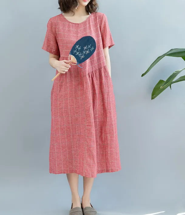 Red Summer Cotton Linen Spring Women Dresses QZ200522