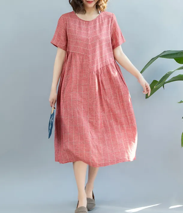 Red Summer Cotton Linen Spring Women Dresses QZ200522